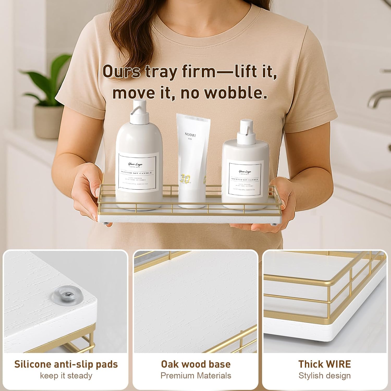Aldernest Bathroom Tray for Counter Top Organizer, Oak Wood Vanity Tray, 16 ounces, Gold & White