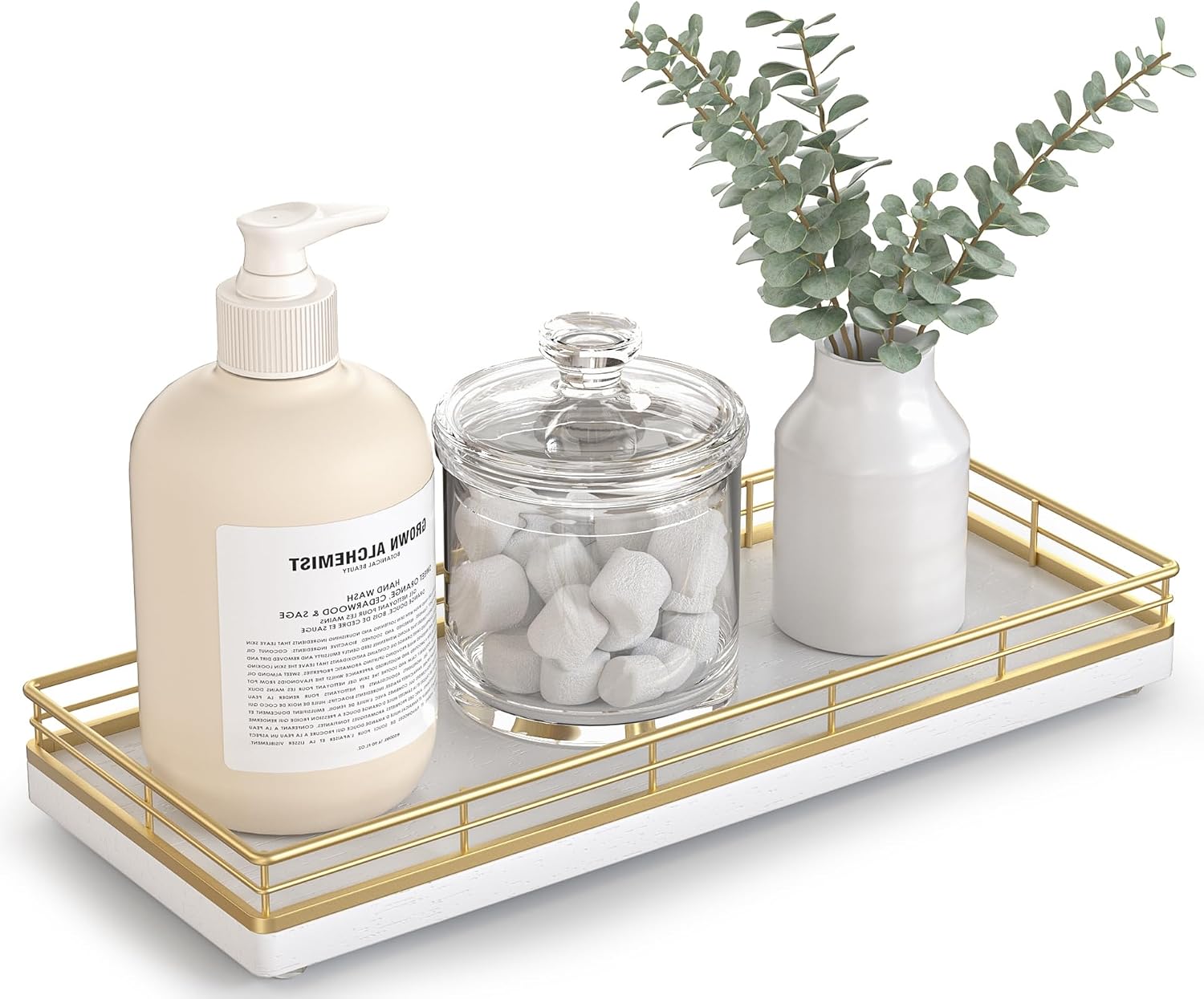 Aldernest Bathroom Tray for Counter Top Organizer, Oak Wood Vanity Tray, 16 ounces, Gold & White