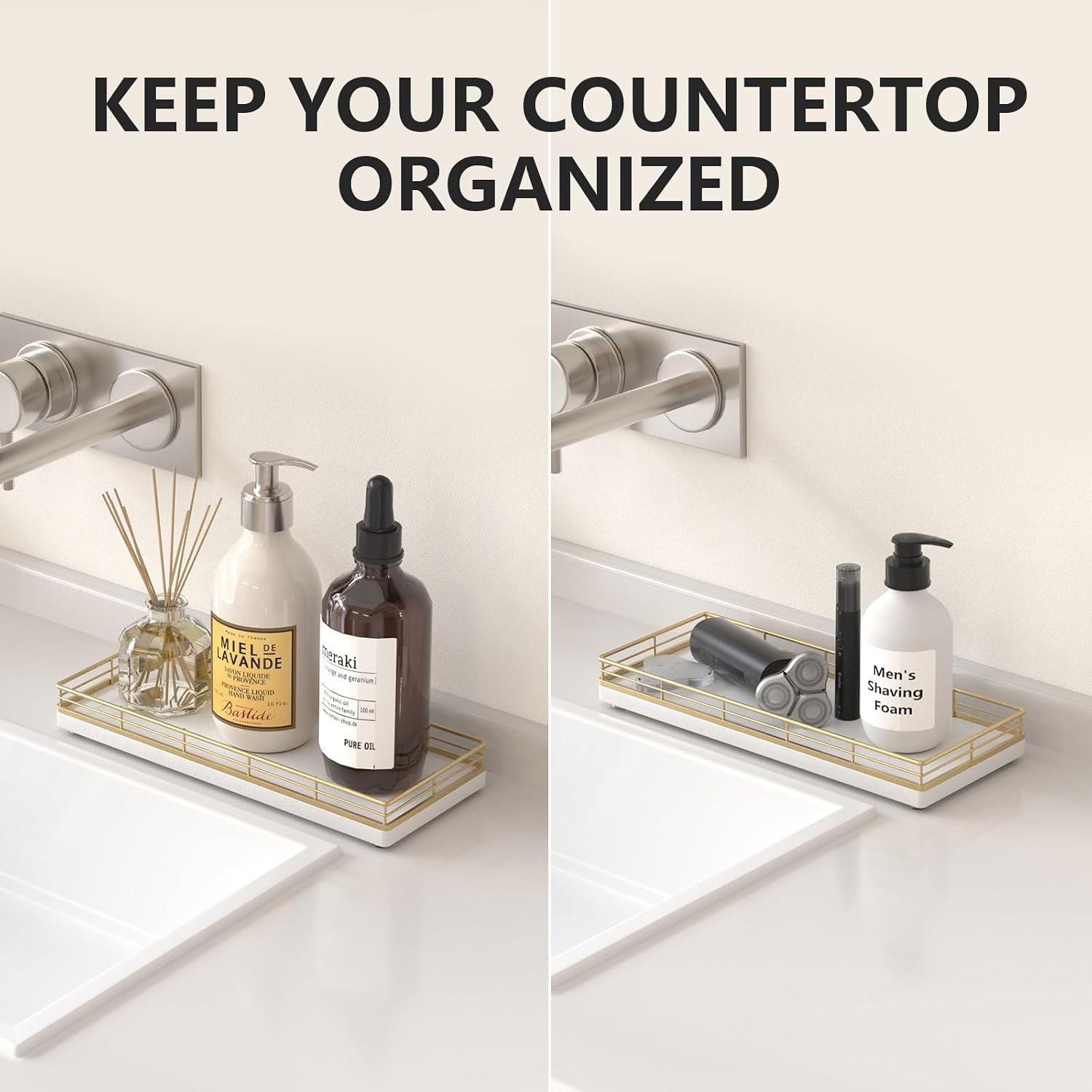 Aldernest Bathroom Tray for Counter Top Organizer, Oak Wood Vanity Tray, 16 ounces, Gold & White