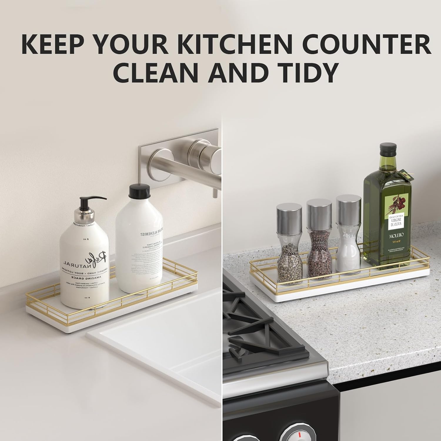 Aldernest Bathroom Tray for Counter Top Organizer, Oak Wood Vanity Tray, 16 ounces, Gold & White