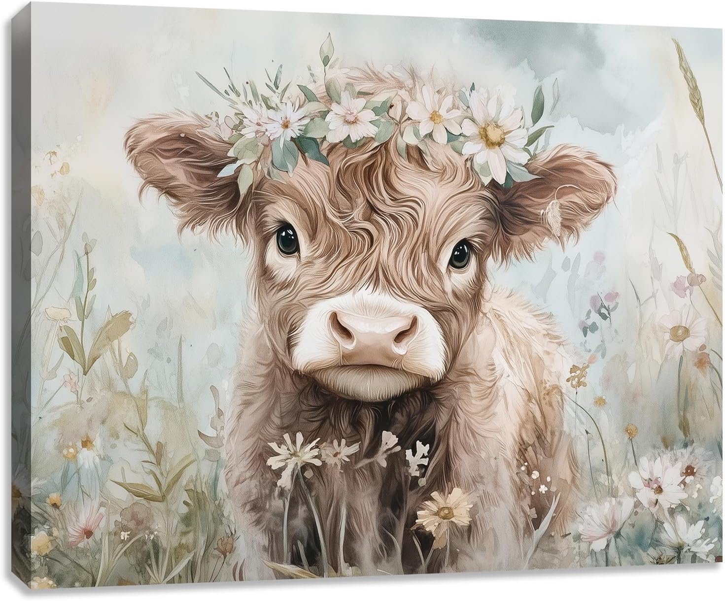 Aldernest Funny Cute Highland Cow Canvas Wall Art Highland Cattle Picture Painting Wall Decor Flowers Animals Poster Print Artwork Decoration for