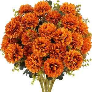 Birchmont 4 Pcs Large Fall Flowers Artificial Mums 36 Heads Fall Mums, Burnt Orange