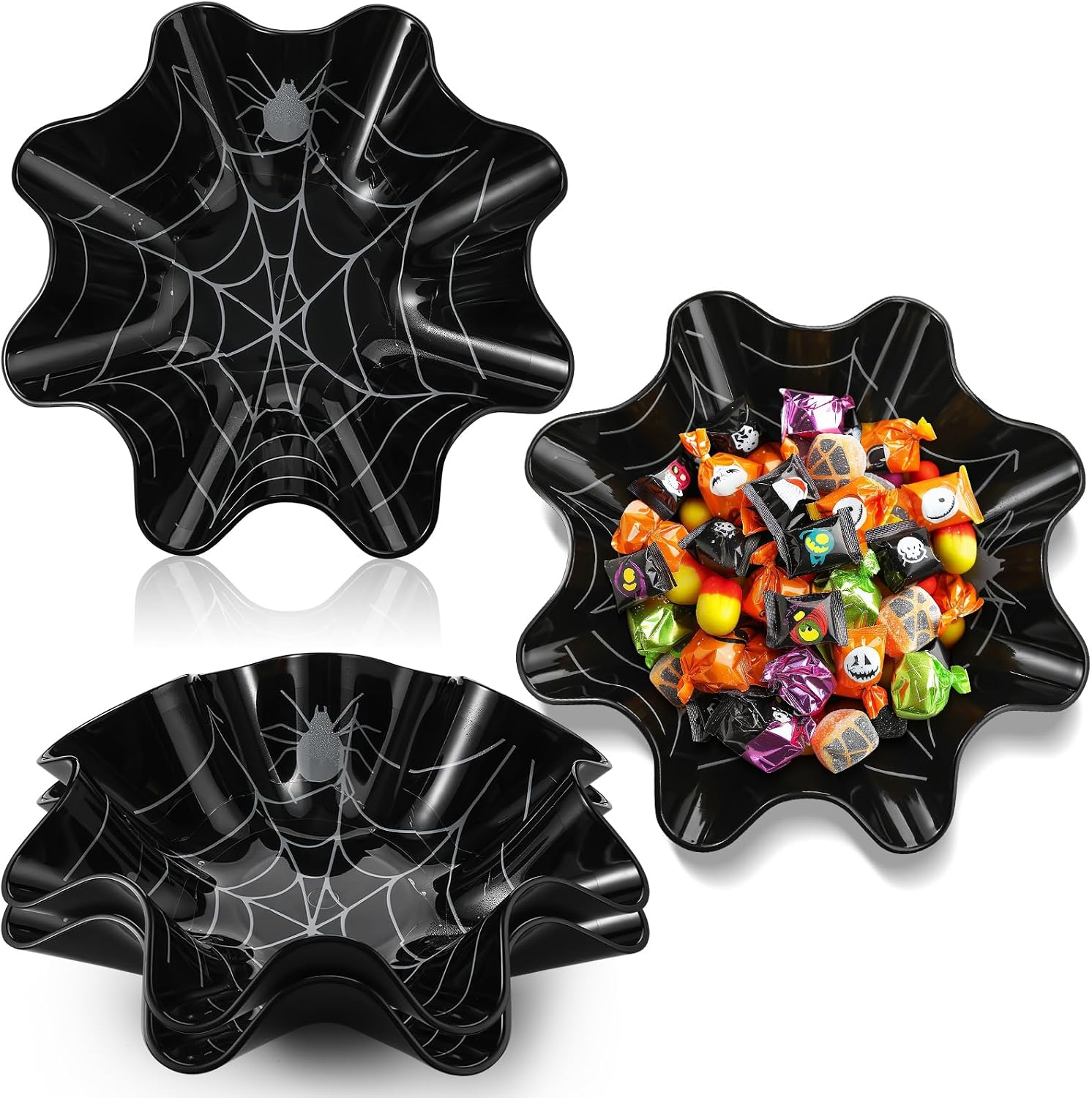 Ashenby 4 Pcs 8 Inch Halloween Spider Web Plastic Candy Bowls, about 3.25 x 8 inches, black, silver