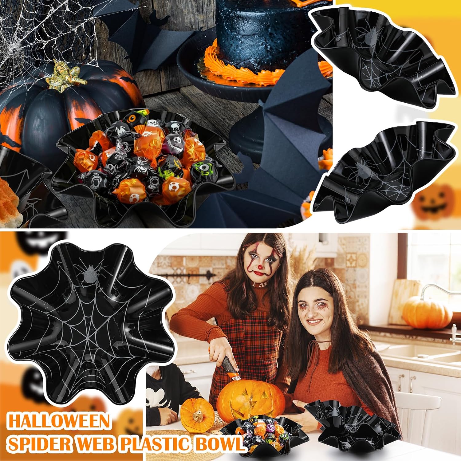 Ashenby 4 Pcs 8 Inch Halloween Spider Web Plastic Candy Bowls, about 3.25 x 8 inches, black, silver