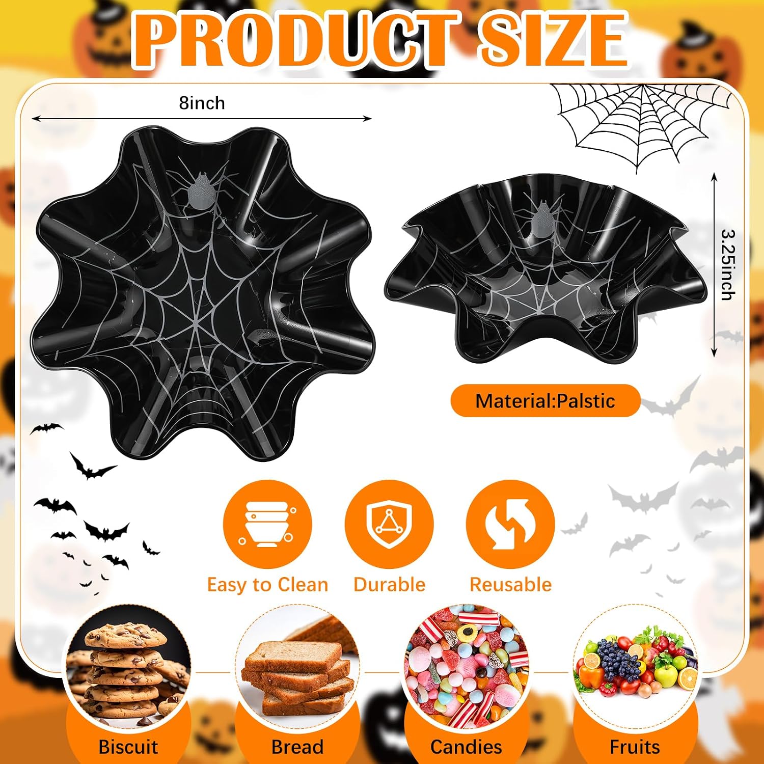 Ashenby 4 Pcs 8 Inch Halloween Spider Web Plastic Candy Bowls, about 3.25 x 8 inches, black, silver