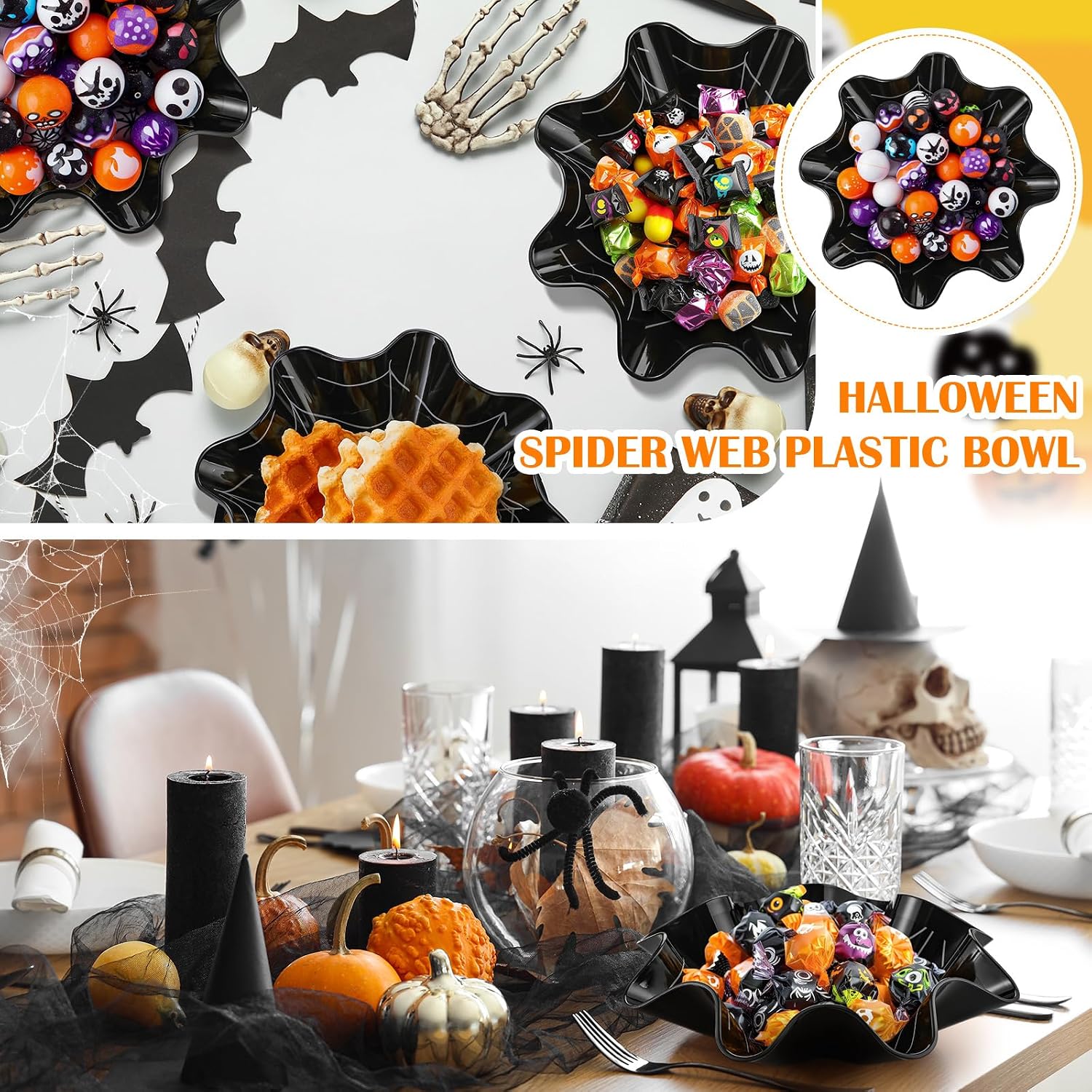 Ashenby 4 Pcs 8 Inch Halloween Spider Web Plastic Candy Bowls, about 3.25 x 8 inches, black, silver
