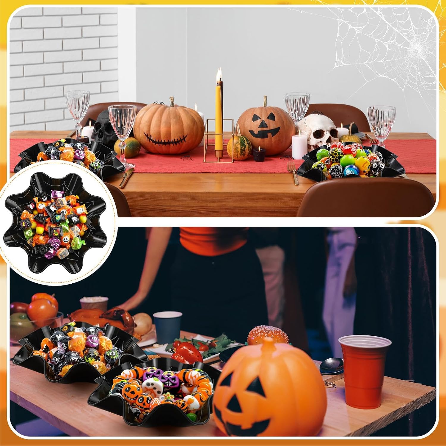 Ashenby 4 Pcs 8 Inch Halloween Spider Web Plastic Candy Bowls, about 3.25 x 8 inches, black, silver