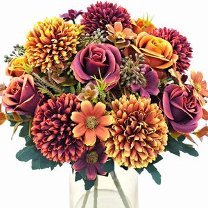Aldernest 3 Pcs Fall Flowers Artificial Mums Silk Chrysanthemum Rose Daisy Bouquet Fake Mum Faux Floral Arrangements Home Indoor Outdoor Planter Decor