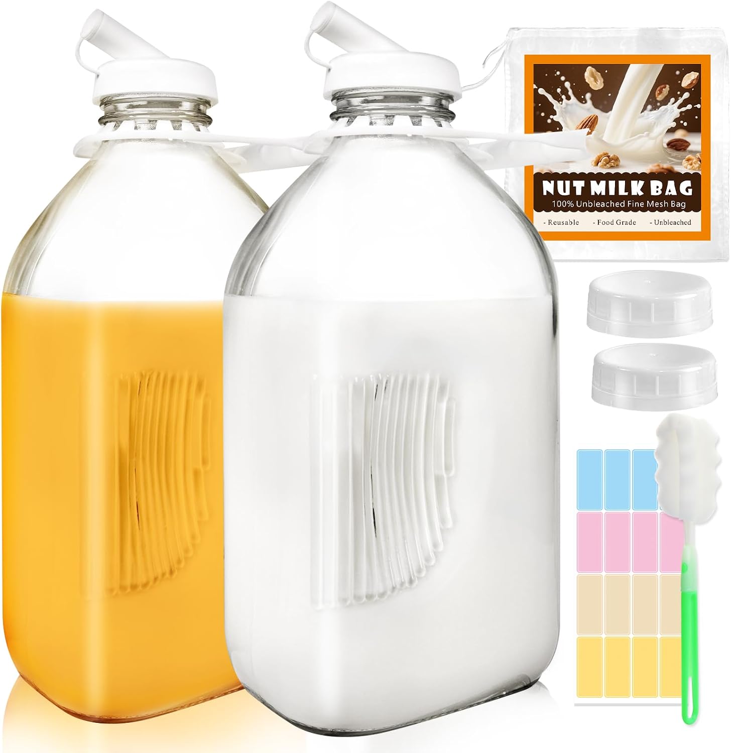 Ashenby 2 Pack 64 Oz Glass Milk Bottles Heavy Duty Water Jugs Container, 4.3 pounds, Clear