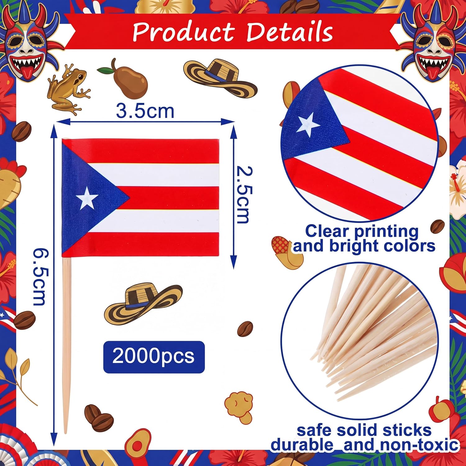 Aldernest 1000 Pcs Puerto Rico Toothpick Flags, Puerto Rican Flag Toothpicks, Stick: about 6.5 cm
