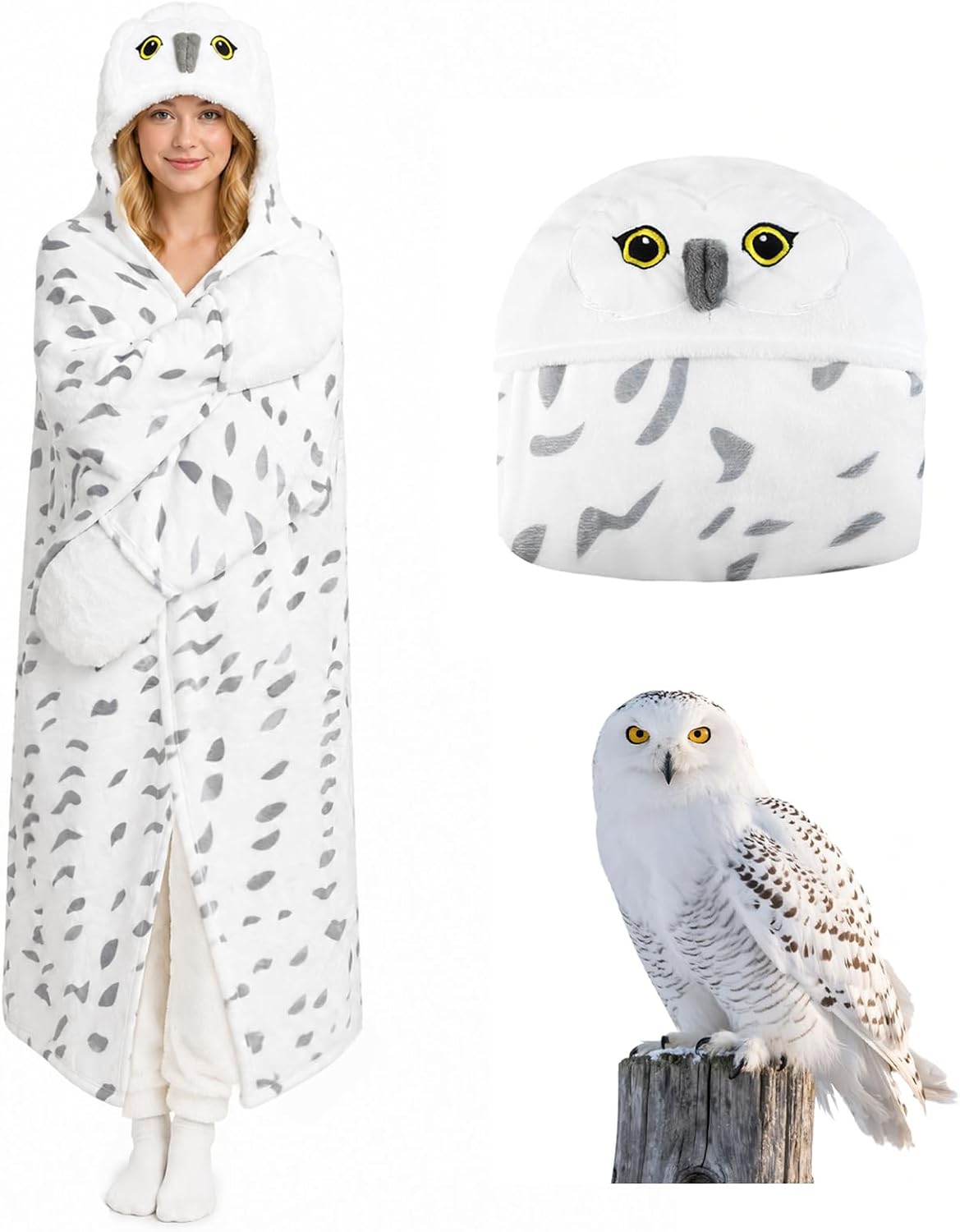 Brackenly Snowy Owl Wearable Blanket Hoodie, Gifts for Owl & Magic Lovers, 0.8 kg, 59.1"x51.2"