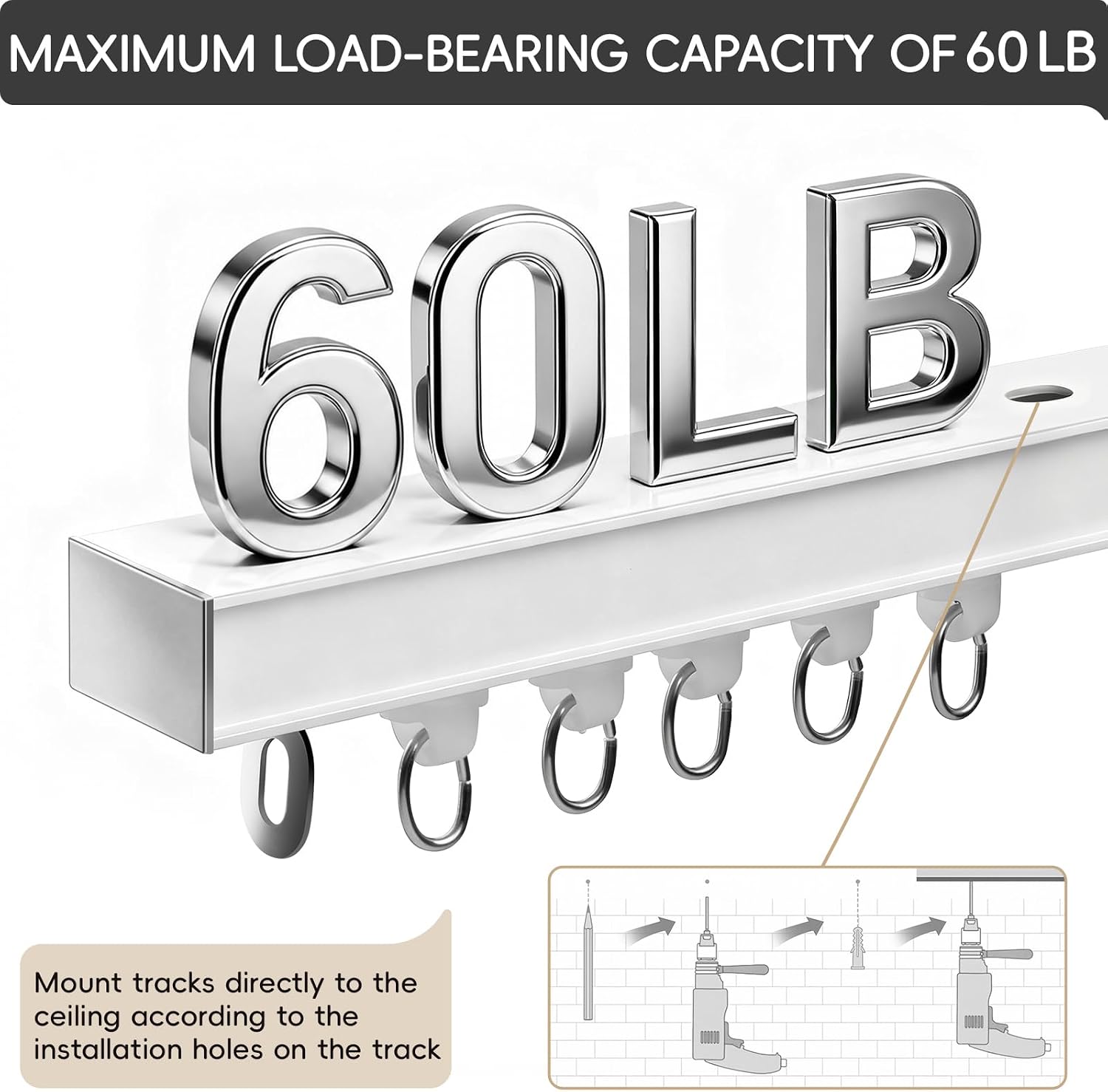 Aldernest Aluminum Ceiling Curtain Track with Roller Hooks, White, 6ft-9ft