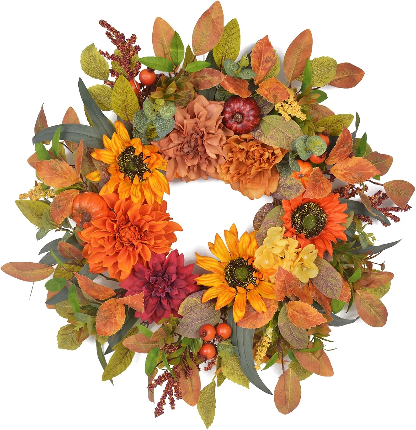 Tanglewick 24-26 Inch Fall Wreath for Front Door Large Wreaths with Orange Artificial Pumpkin Leaf Berry for Autumn Thanksgiving Farmhouse Home Porch