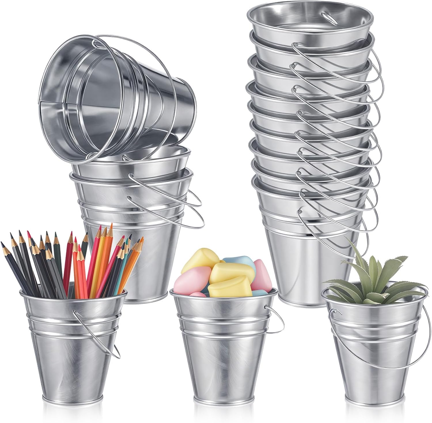 Aldernest 12 Pcs 3.5 Inch Small Metal Bucket with Handle Mini Pail, Silver