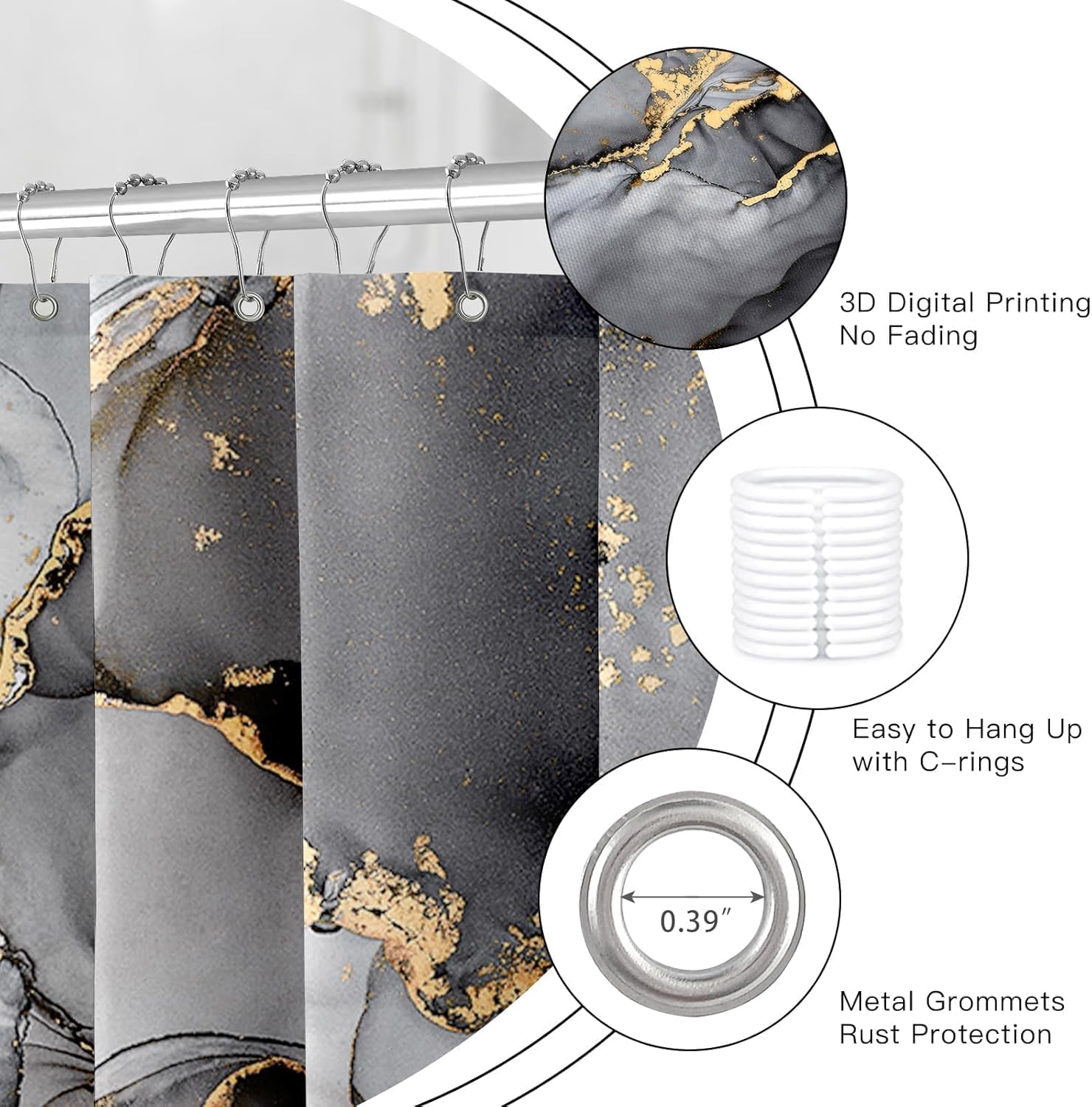 Aldernest 4 Pcs Black Marble Shower Curtain Sets with Rugs Gold Bathroom Sets with Shower Curtain and Rugs Modern Abstract Bathroom Decor Accessories