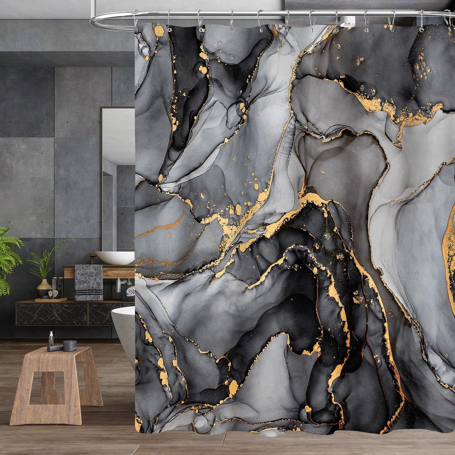Aldernest 4 Pcs Black Marble Shower Curtain Sets with Rugs Gold Bathroom Sets with Shower Curtain and Rugs Modern Abstract Bathroom Decor Accessories