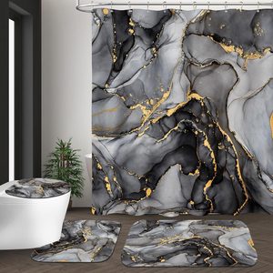Aldernest 4 Pcs Black Marble Shower Curtain Sets with Rugs Gold Bathroom Sets with Shower Curtain and Rugs Modern Abstract Bathroom Decor Accessories