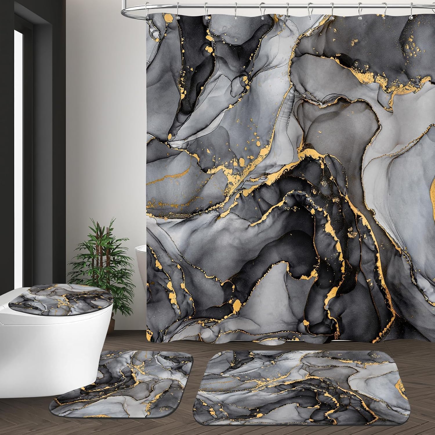 Aldernest 4 Pcs Black Marble Shower Curtain Sets with Rugs Gold Bathroom Sets with Shower Curtain and Rugs Modern Abstract Bathroom Decor Accessories