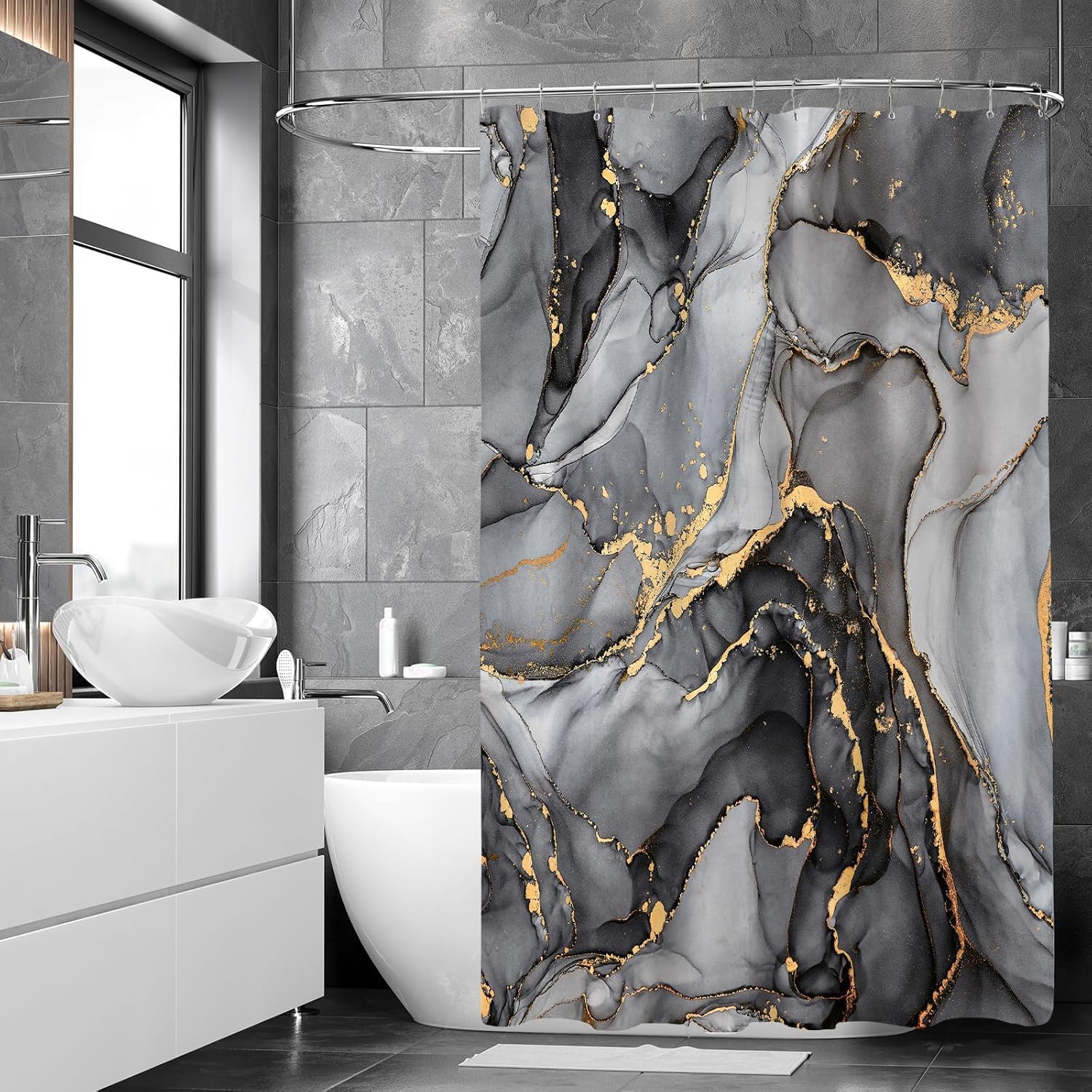 Aldernest 4 Pcs Black Marble Shower Curtain Sets with Rugs Gold Bathroom Sets with Shower Curtain and Rugs Modern Abstract Bathroom Decor Accessories