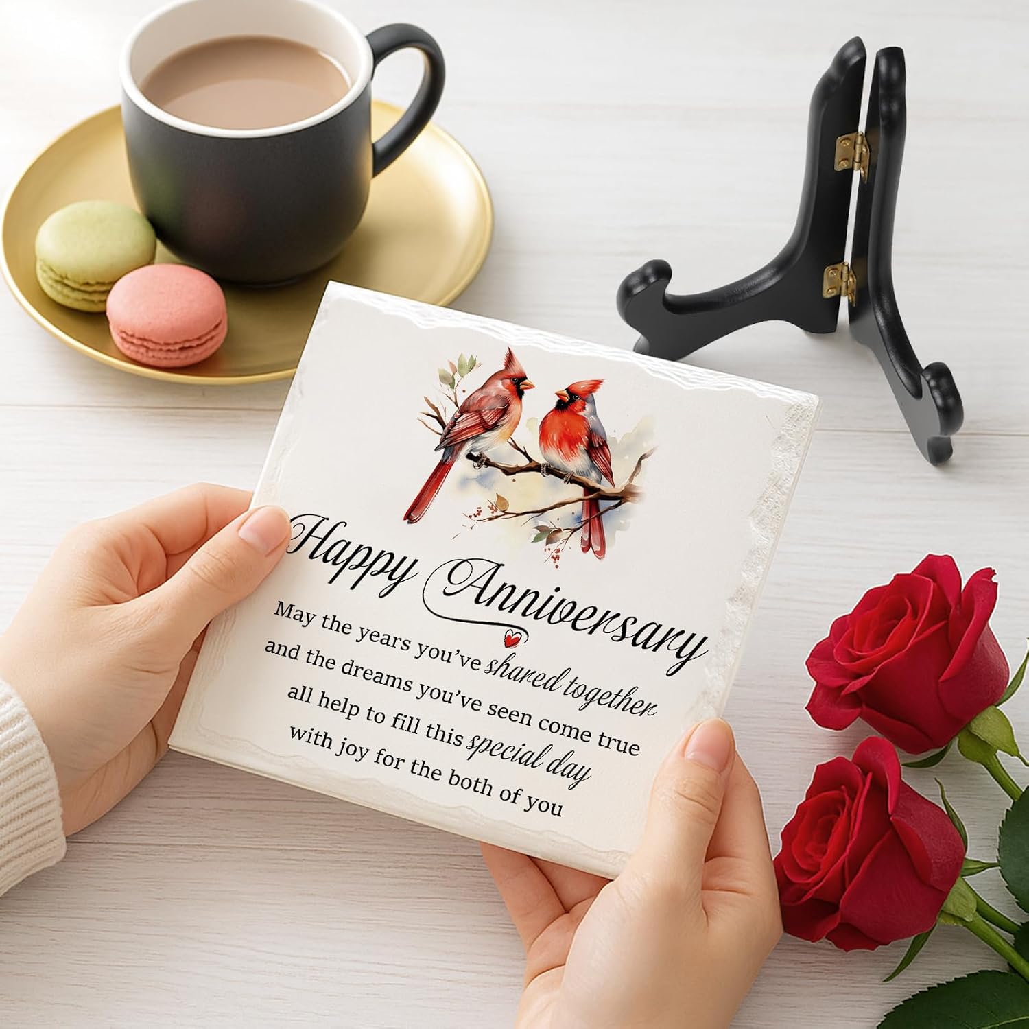 Ashenby Anniversary Couples Gifts - Cardinal Ceramic Plaque - Happy Anniversary Presents for Couples - Romantic Wedding Celebrate Keepsake Desk