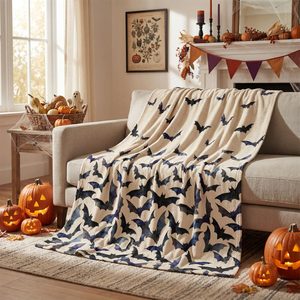 VelloHome Halloween Beige Bats Flannel Throw Blanket 40x50