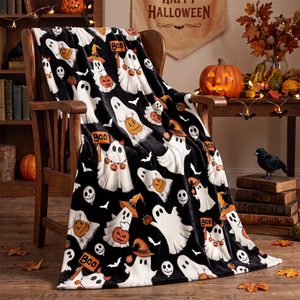 VelloHome Halloween Black Ghost Pumpkin Skulls Flannel Throw Blanket 50x60, Orange Black