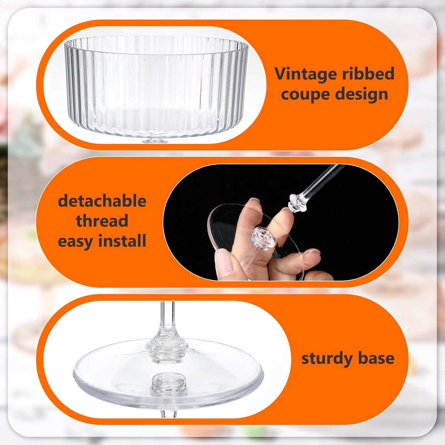 Aldernest 12 Pcs Plastic Ribbed Martini Glasses 10 oz, Clear