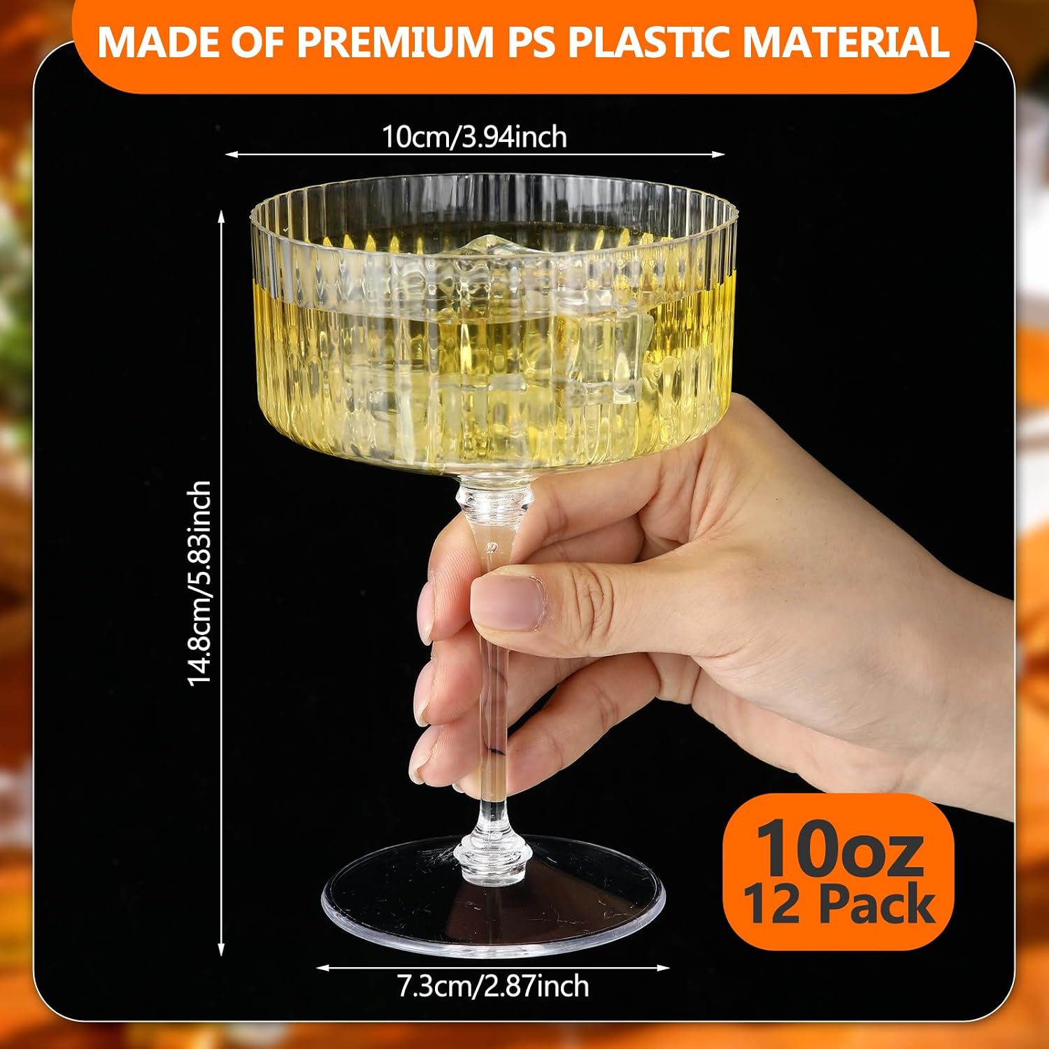Aldernest 12 Pcs Plastic Ribbed Martini Glasses 10 oz, Clear