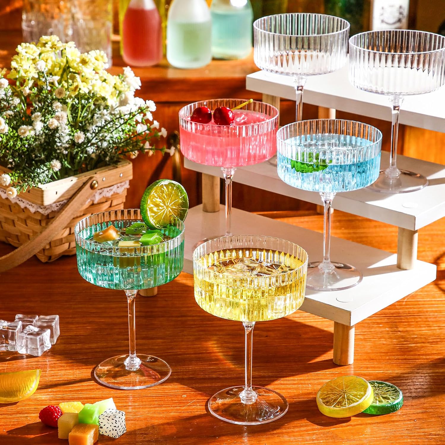 Aldernest 12 Pcs Plastic Ribbed Martini Glasses 10 oz, Clear