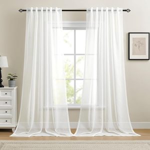 Ashenby White Sheer Curtains 96 Inch Long, Rod Pocket & Back Tab Top, 0.55 kg, 2 Count