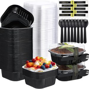 Ashenby 100 Pcs 10 oz Mini Square Foil Cake Pans with Lids, Black Silver, 4.53 inches/ 11.5 cm in length, Black/Silver