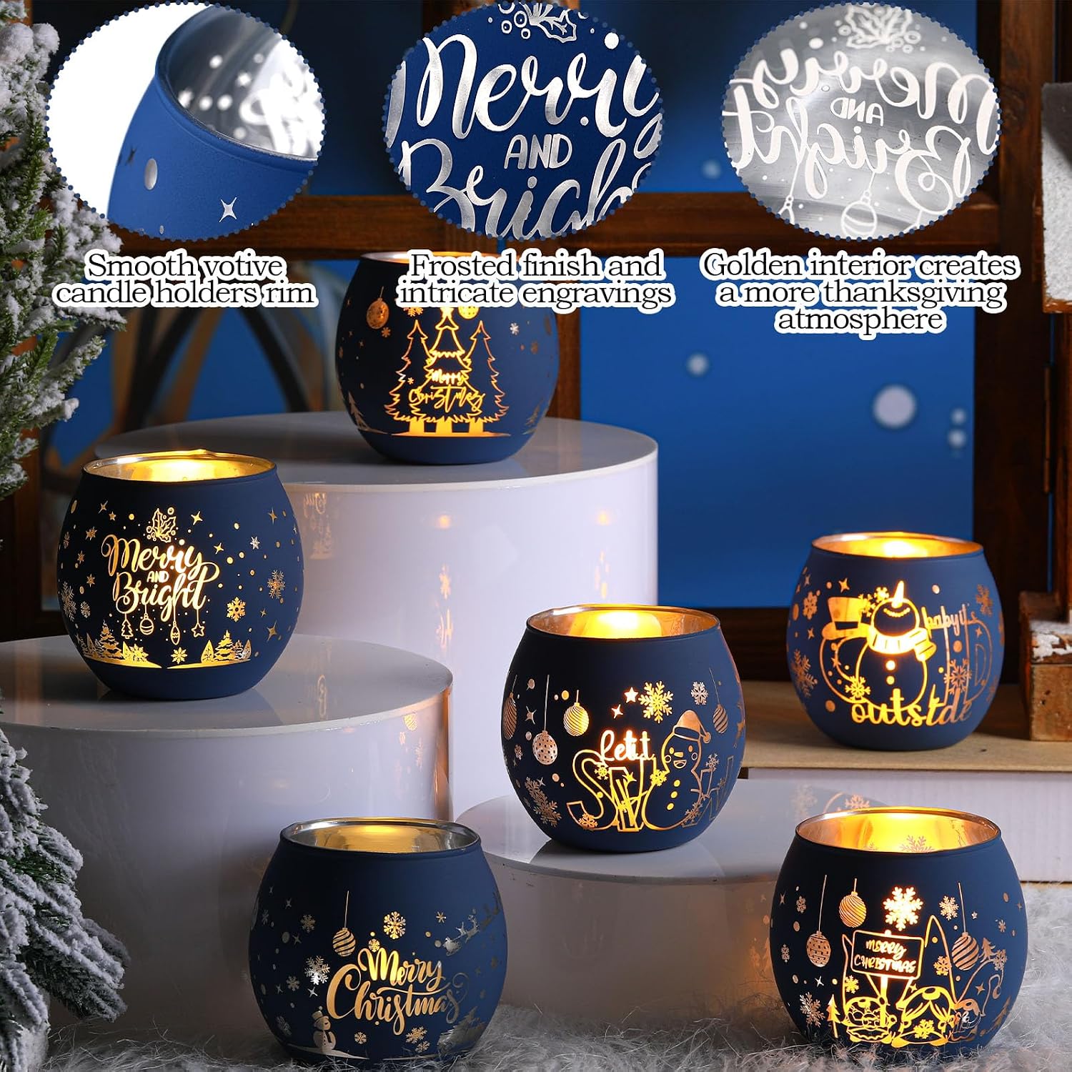 Aldernest 6 Pcs Christmas Votive Candle Holders, Navy