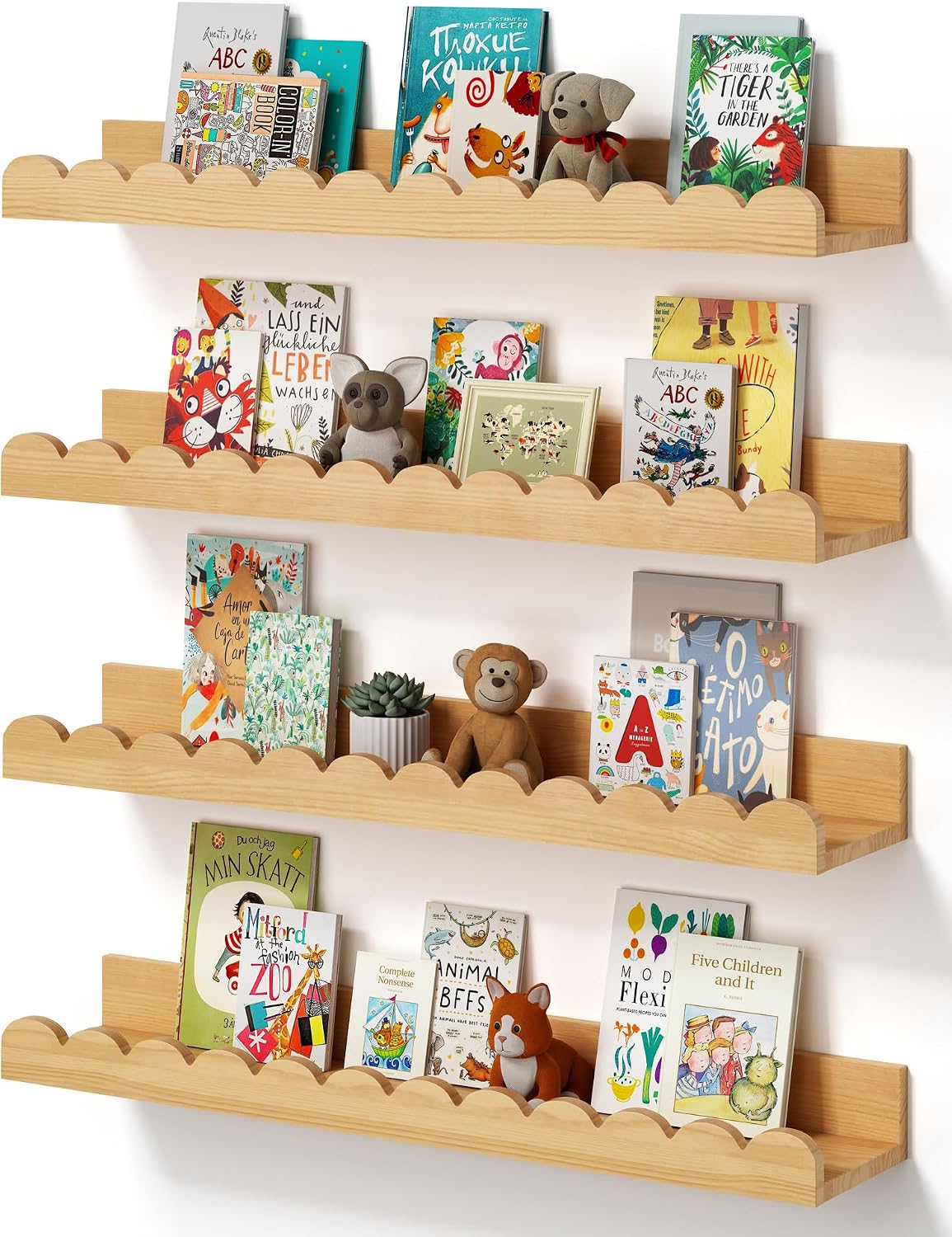 VelloHome Scalloped Baby Book Floating Shelf for Wall 16 inch Set of 4, Oak, 14.08 ounces, A-natural