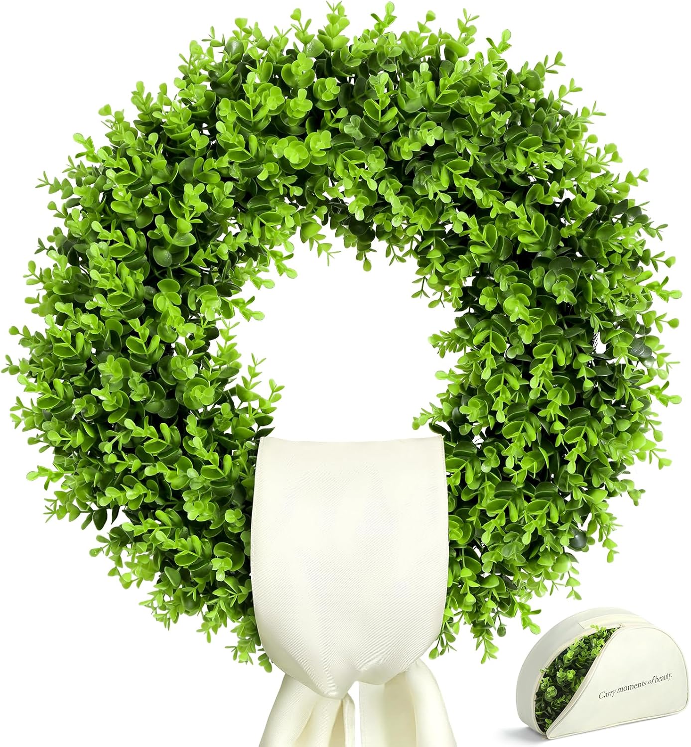 Aldernest 24" Boxwood Wreaths for Front Door – Large Boxwood Wreath with Sash, Green