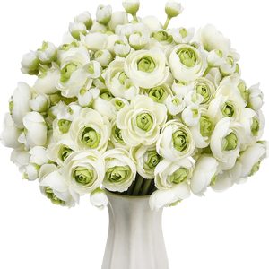 Ashenby 48 Pcs Ranunculus Artificial Flower, White, Green, 1.1 pounds
