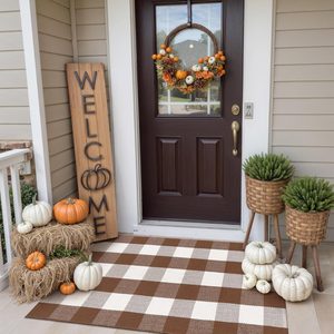 Aldernest 2.3x3.6 Khaki and White Checkered Fall Outdoor Front Porch Rug, Coffee and White