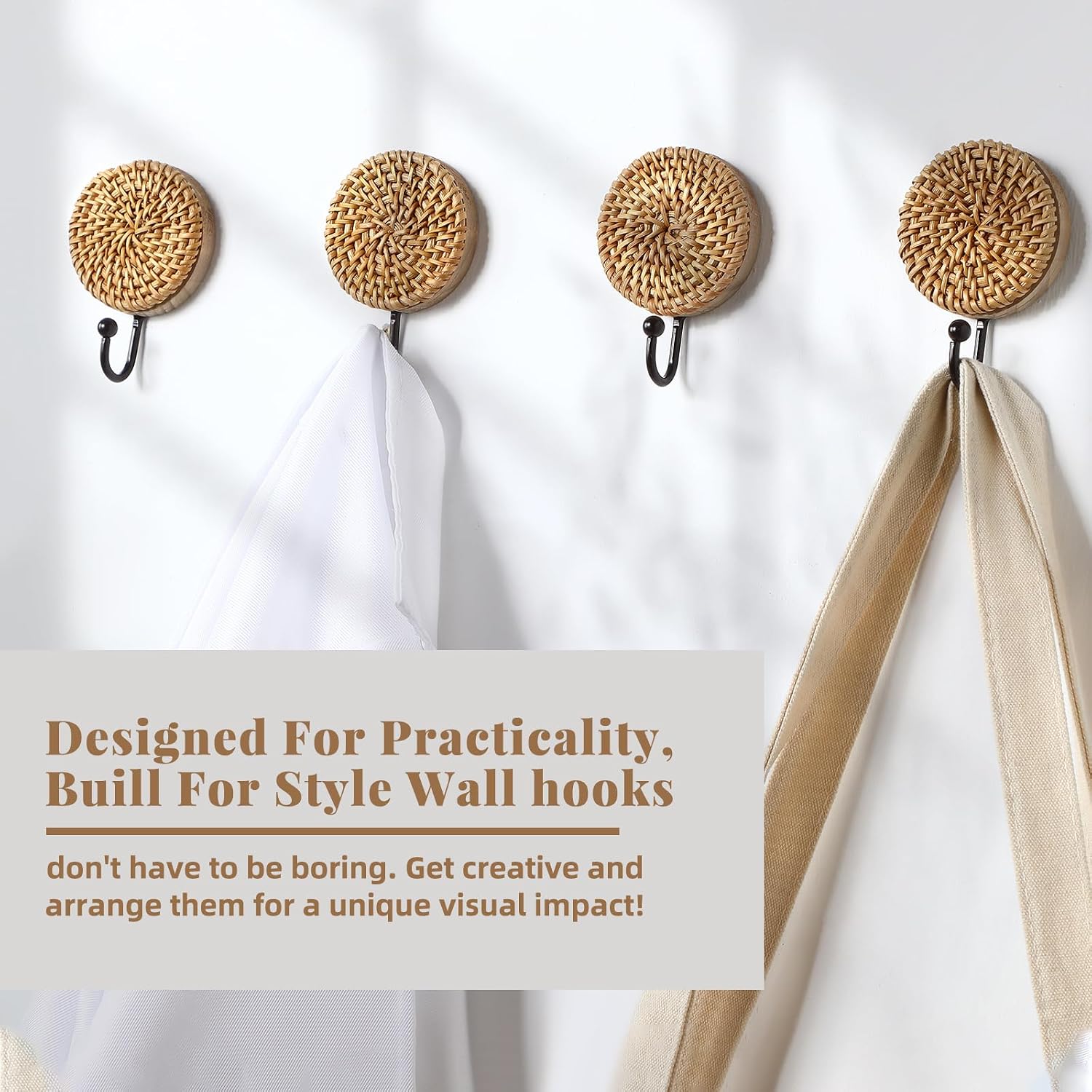 Birchmont 4 Pcs Boho Decorative Wall Hooks Rattan Towel Hooks, Round, 3.84 ounces, brown, black