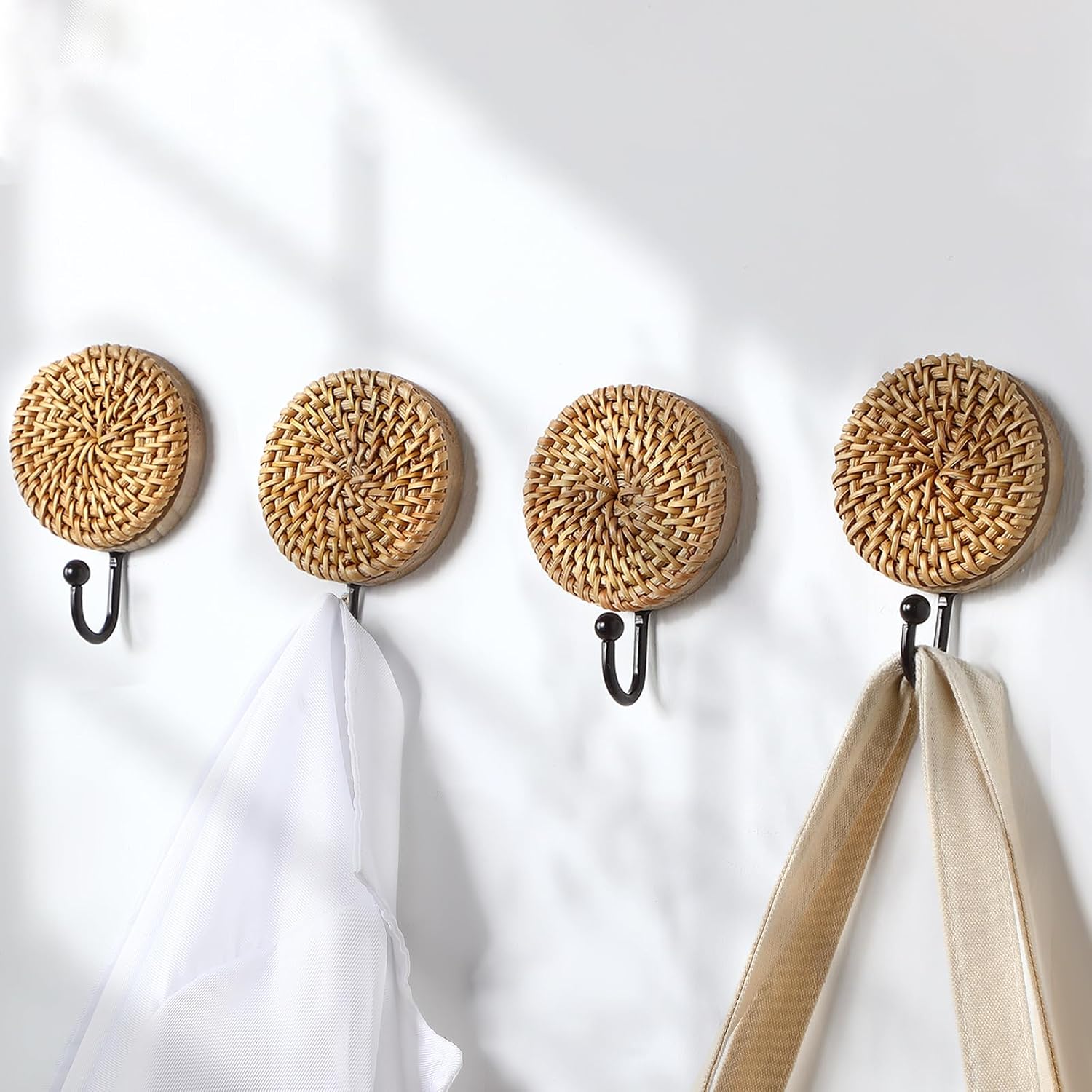 Birchmont 4 Pcs Boho Decorative Wall Hooks Rattan Towel Hooks, Round, 3.84 ounces, brown, black