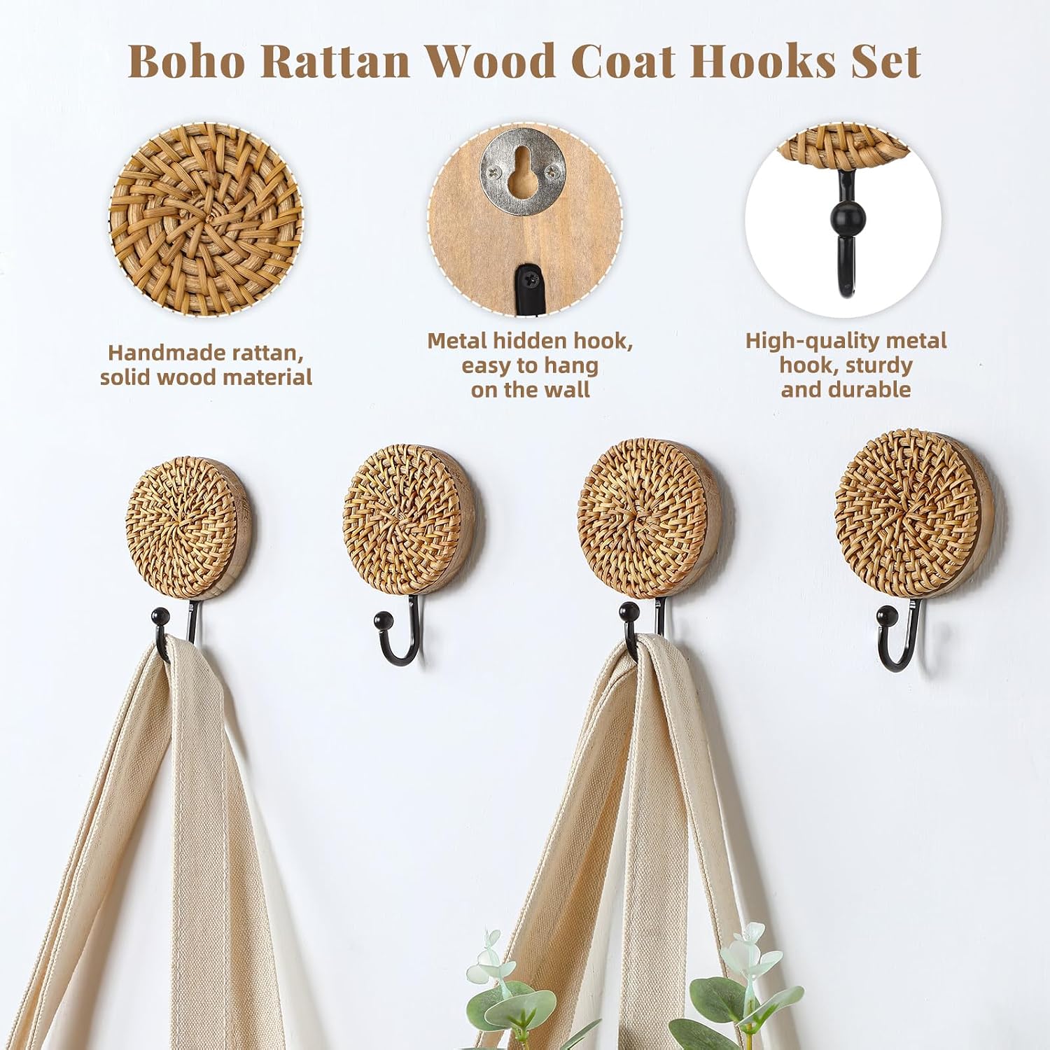 Birchmont 4 Pcs Boho Decorative Wall Hooks Rattan Towel Hooks, Round, 3.84 ounces, brown, black