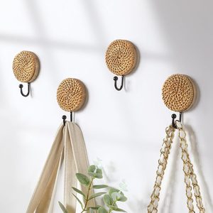 Birchmont 4 Pcs Boho Decorative Wall Hooks Rattan Towel Hooks, Round, 3.84 ounces, brown, black