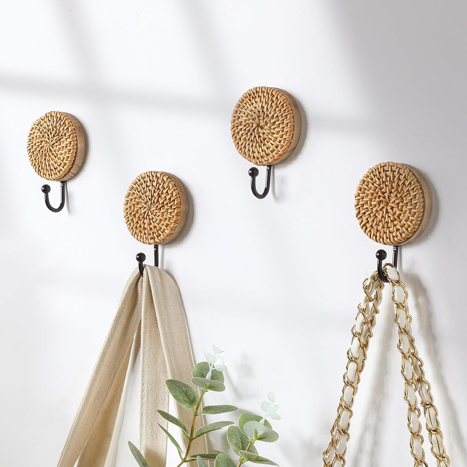 Birchmont 4 Pcs Boho Decorative Wall Hooks Rattan Towel Hooks, Round, 3.84 ounces, brown, black