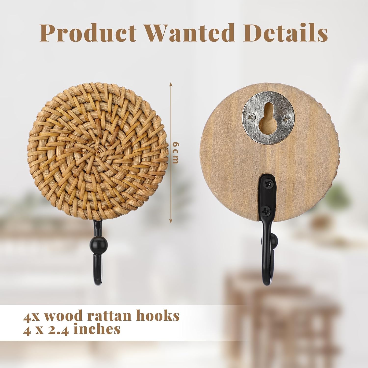 Birchmont 4 Pcs Boho Decorative Wall Hooks Rattan Towel Hooks, Round, 3.84 ounces, brown, black