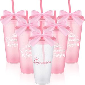Aldernest 6 Pcs Quinceañera Party Favors Tumbler with Straw Lid, Pink, 1 pounds, 24 oz