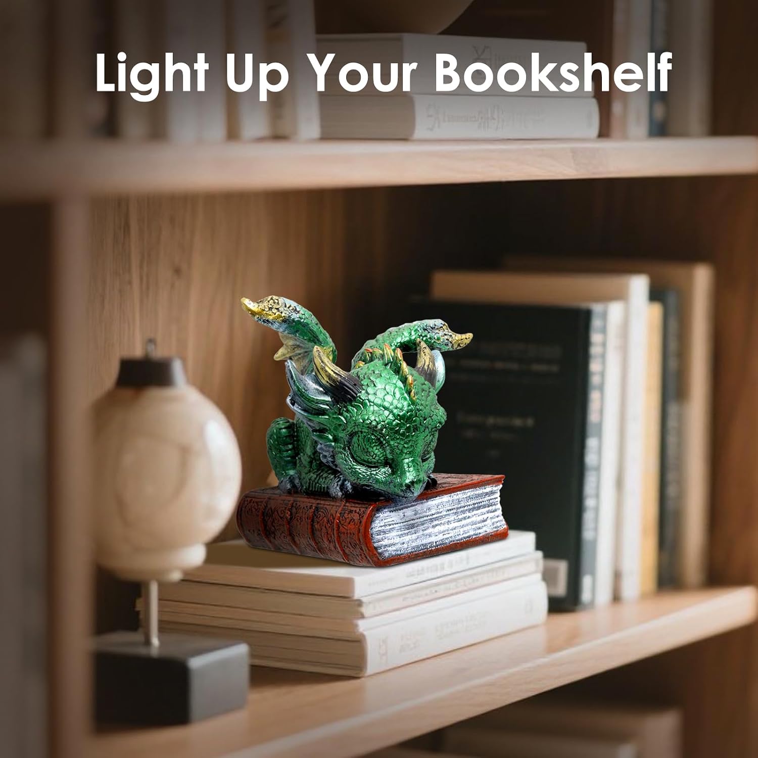 Oakmere Mini Green Dragon Figurine – Fantasy Dragon Statue Sleeping on Book.