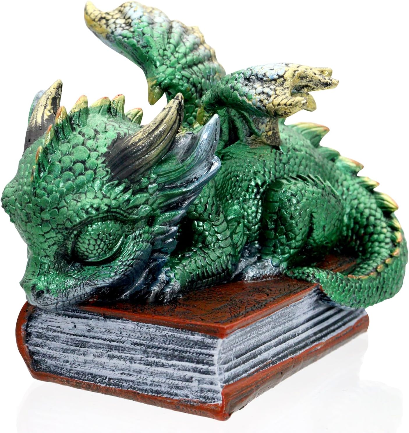 Oakmere Mini Green Dragon Figurine – Fantasy Dragon Statue Sleeping on Book.