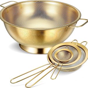Aldernest 3 Quart Gold Colander and 3 Metal Fine Mesh Strainer Set, 1.3 pounds, 4 Count
