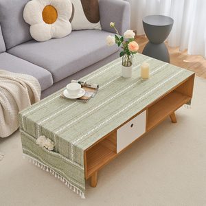 Aldernest Rectangular Coffee Table Cloth with Tassels and Pockets, 20"×60" Green
