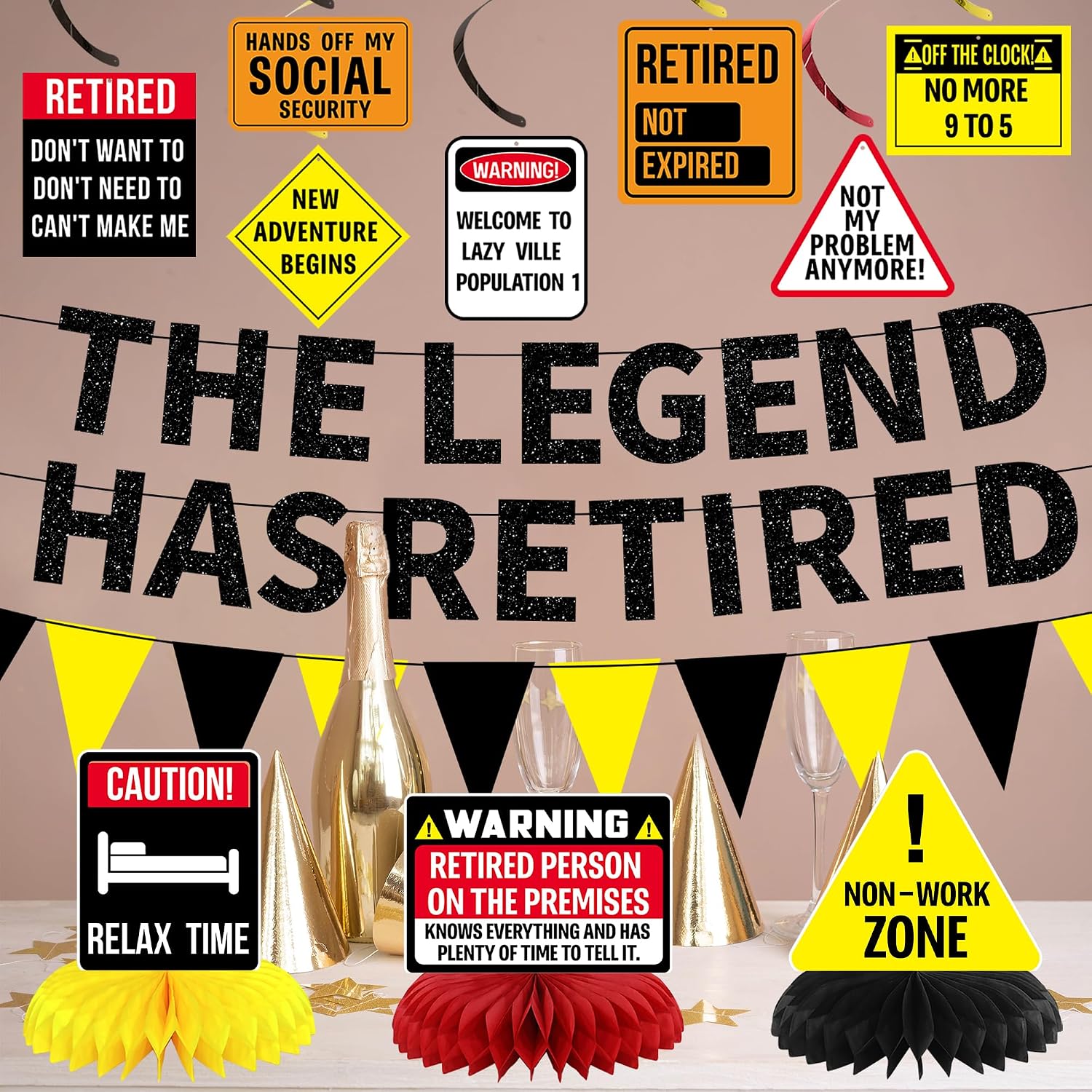 Aldernest Retirement Party Decorations, Caution Legend Has Retired Banner, Black, 13 Count