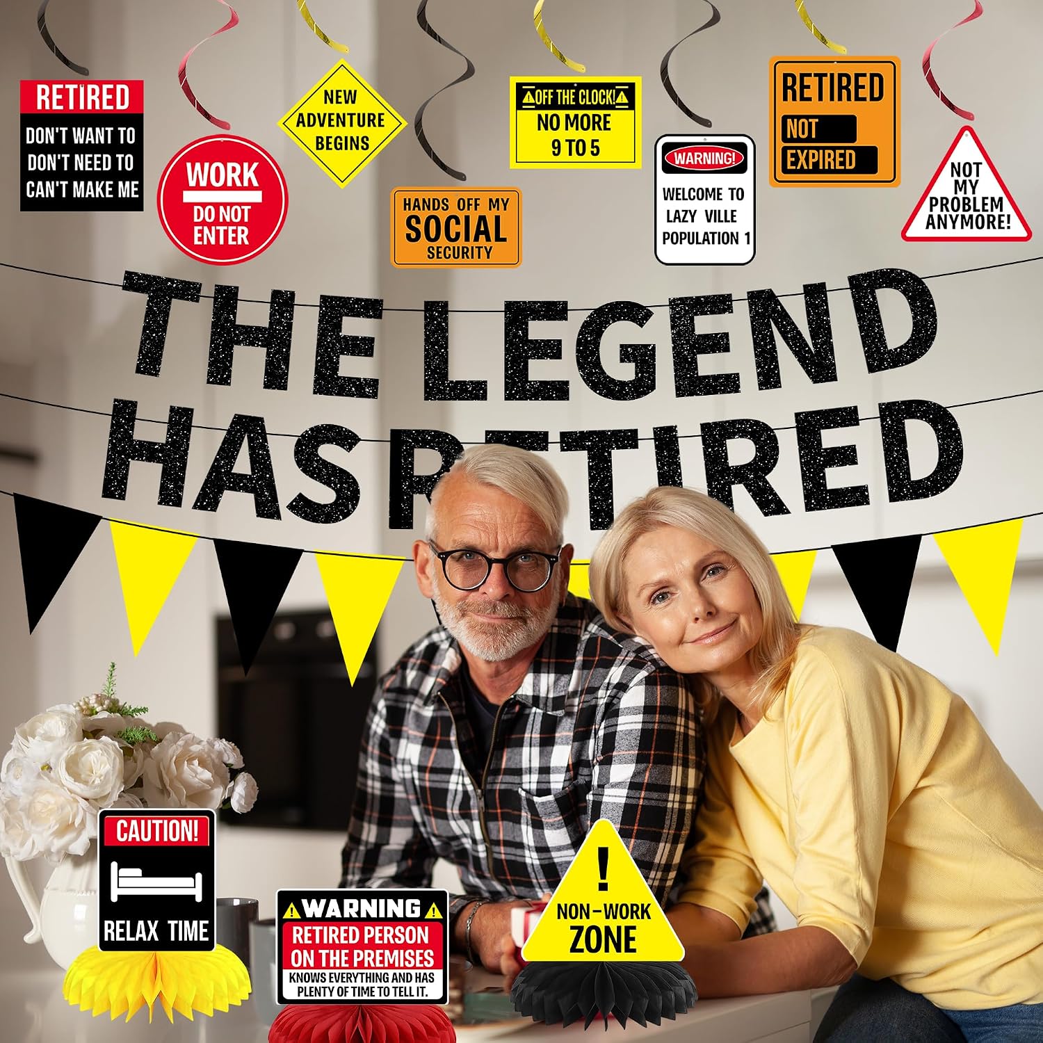 Aldernest Retirement Party Decorations, Caution Legend Has Retired Banner, Black, 13 Count
