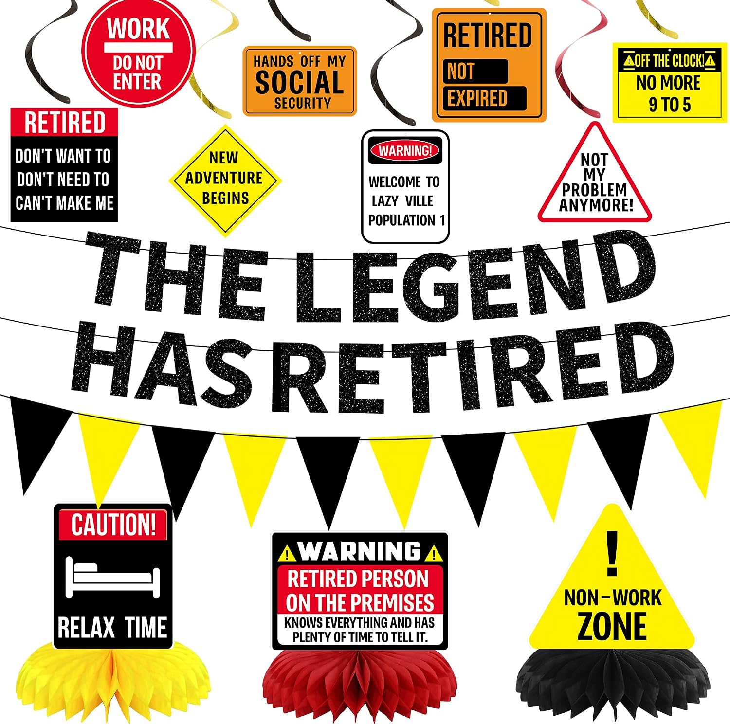 Aldernest Retirement Party Decorations, Caution Legend Has Retired Banner, Black, 13 Count